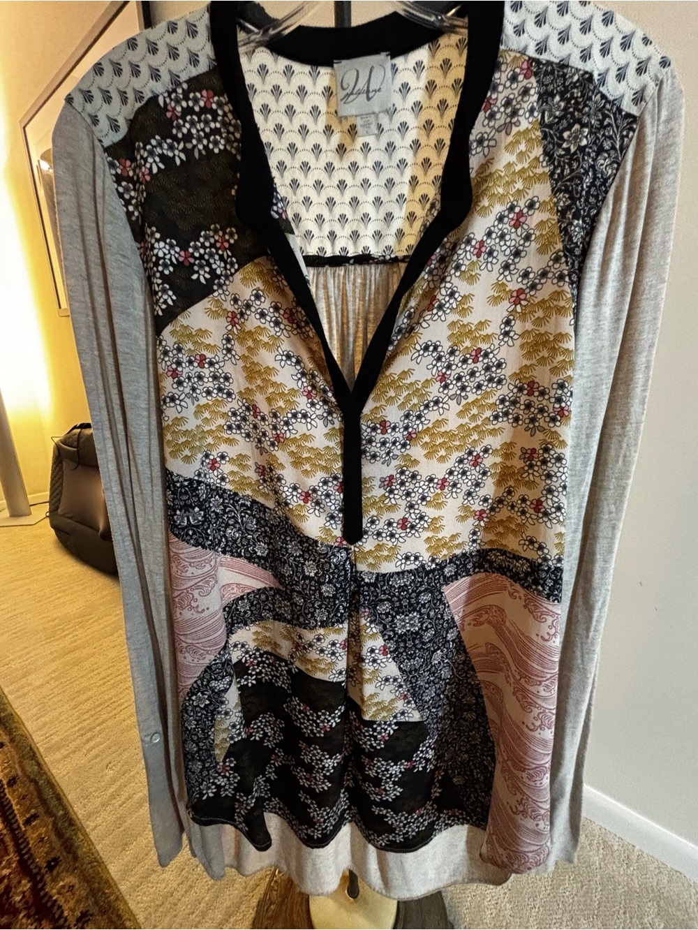Vivid Patchwork Floral V-Neck Long Sleeve Top - Multicolor